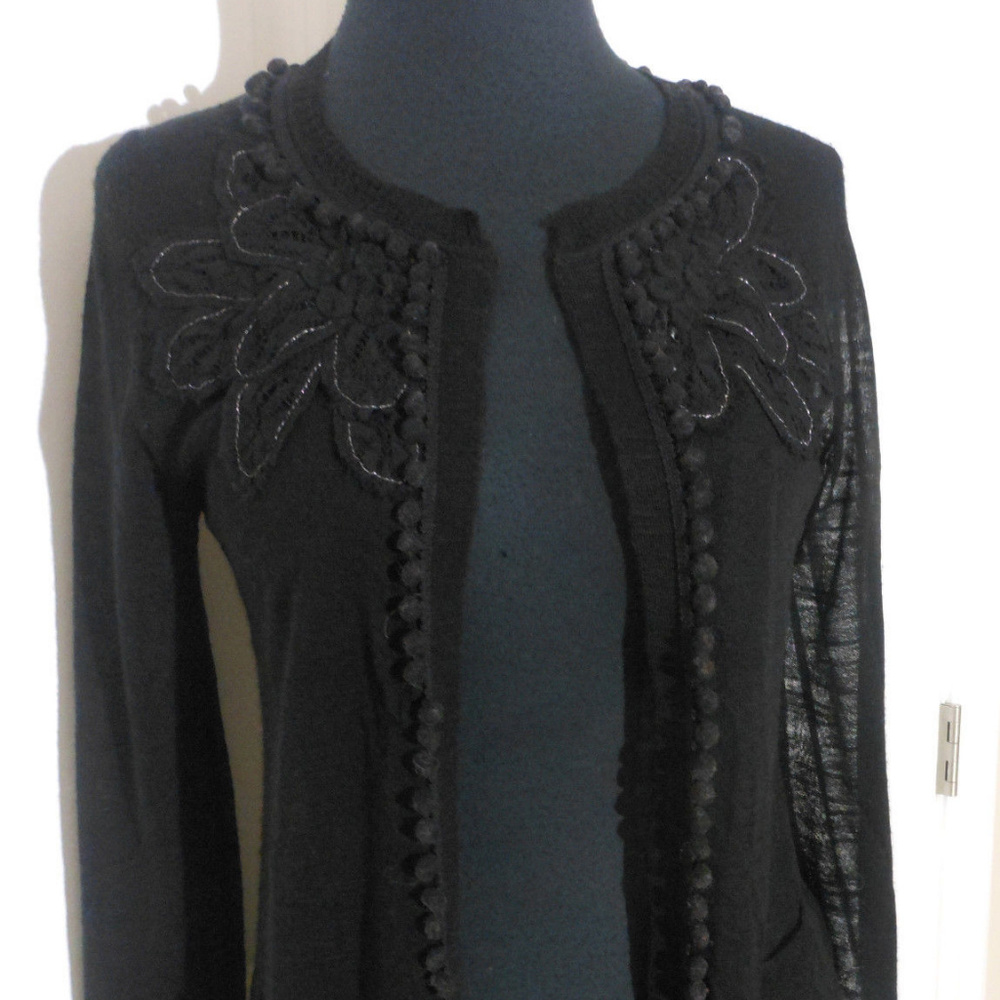 ANTHROPOLOGIE Knitted & Knotted BLACK Pom-Pom Lace Cardigan - Picture 6 of 8